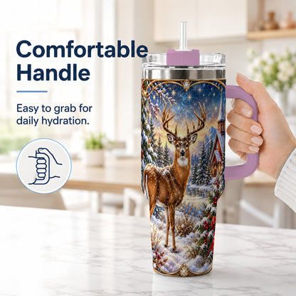 #pl[40oz|Pink] Christmas Deer Church 40oz Tumbler with Handle, Winter Travel Cup