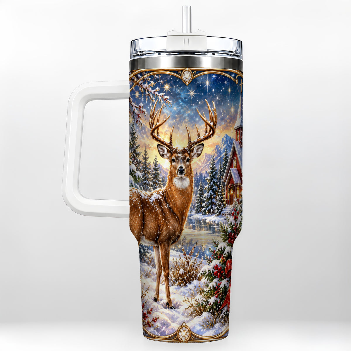 Christmas Deer Church 40oz Tumbler with Handle, Winter Travel Cup