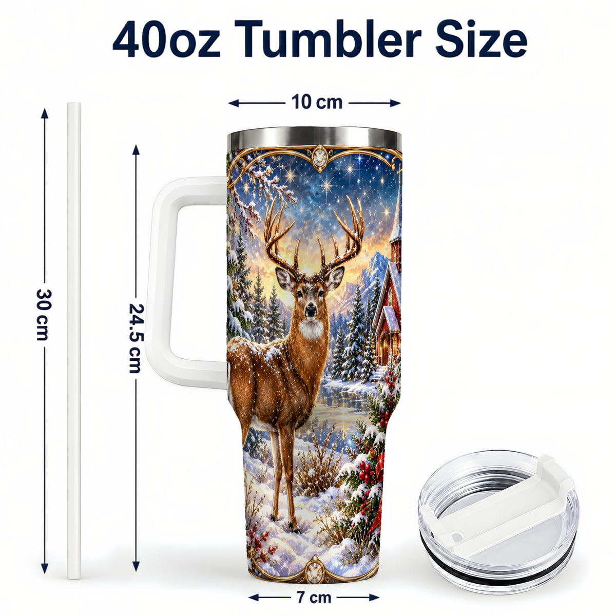 #pl[40oz|White] Christmas Deer Church 40oz Tumbler with Handle, Winter Travel Cup