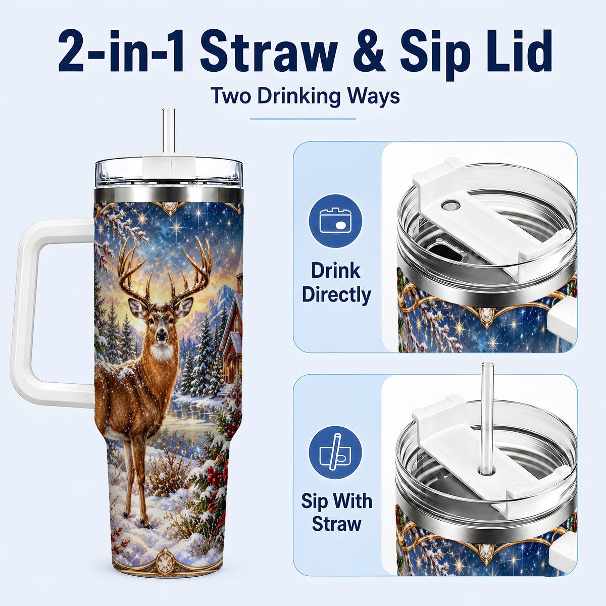 #pl[40oz|White] Christmas Deer Church 40oz Tumbler with Handle, Winter Travel Cup