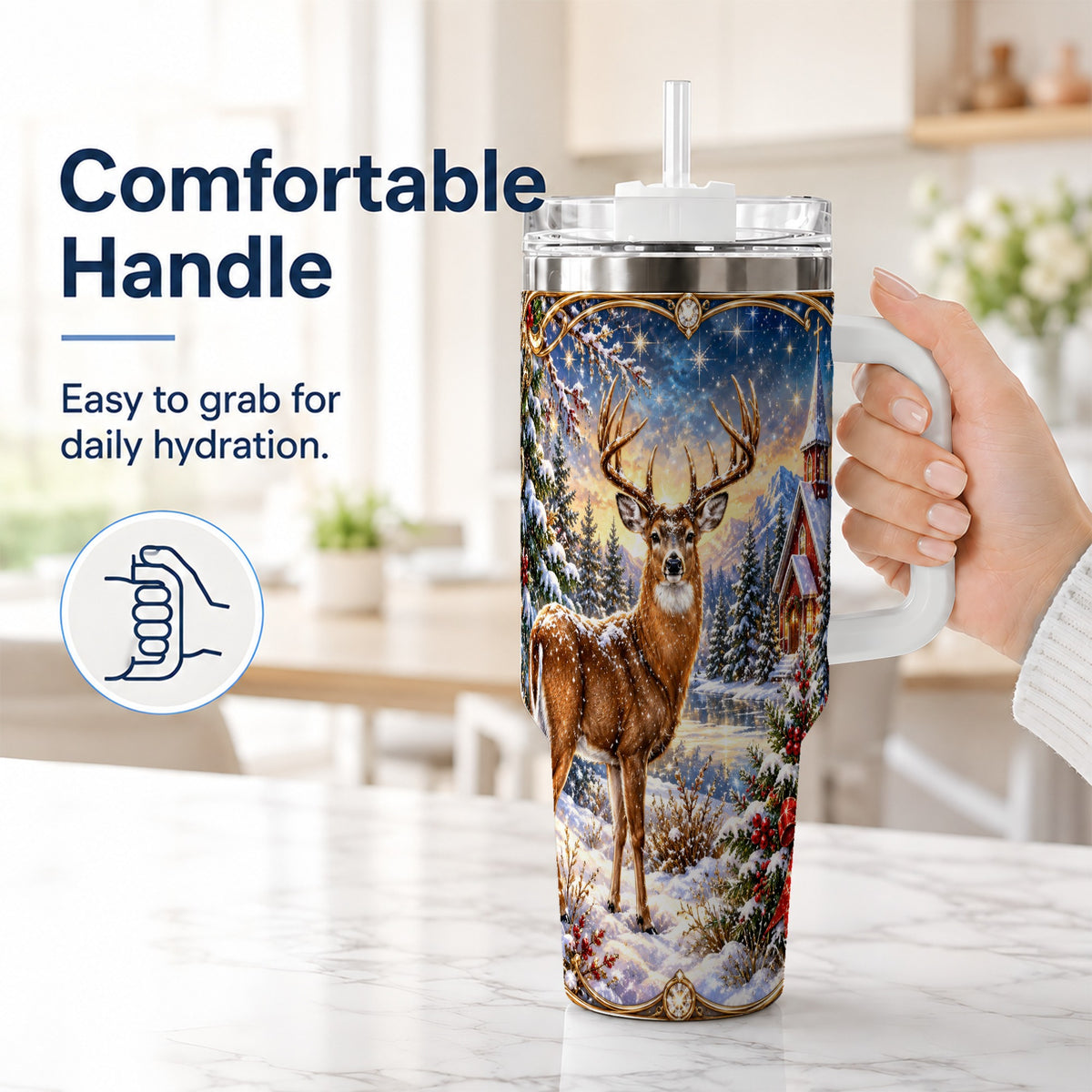 #pl[40oz|White] Christmas Deer Church 40oz Tumbler with Handle, Winter Travel Cup