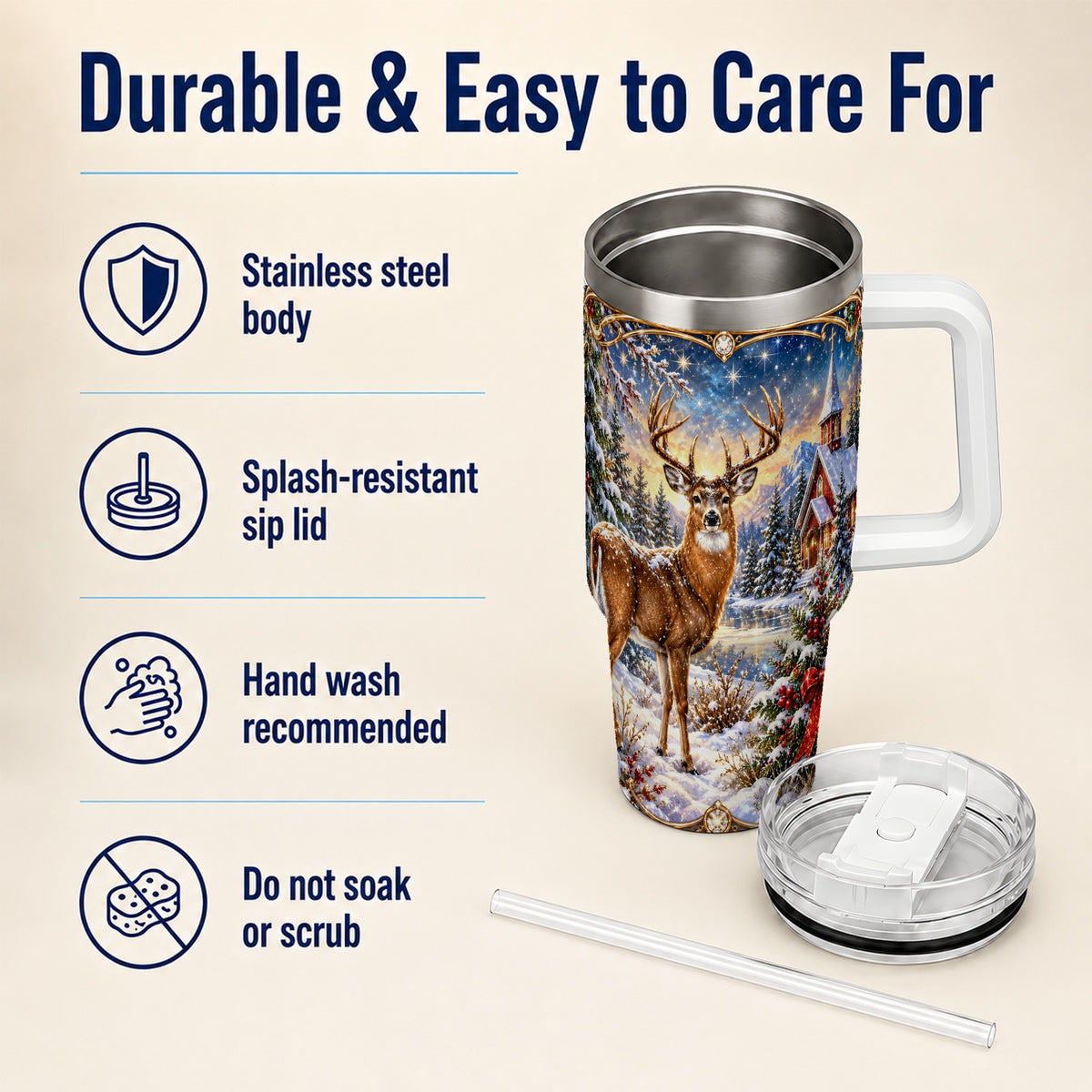 Christmas Deer Church 40oz Tumbler with Handle, Winter Travel Cup
