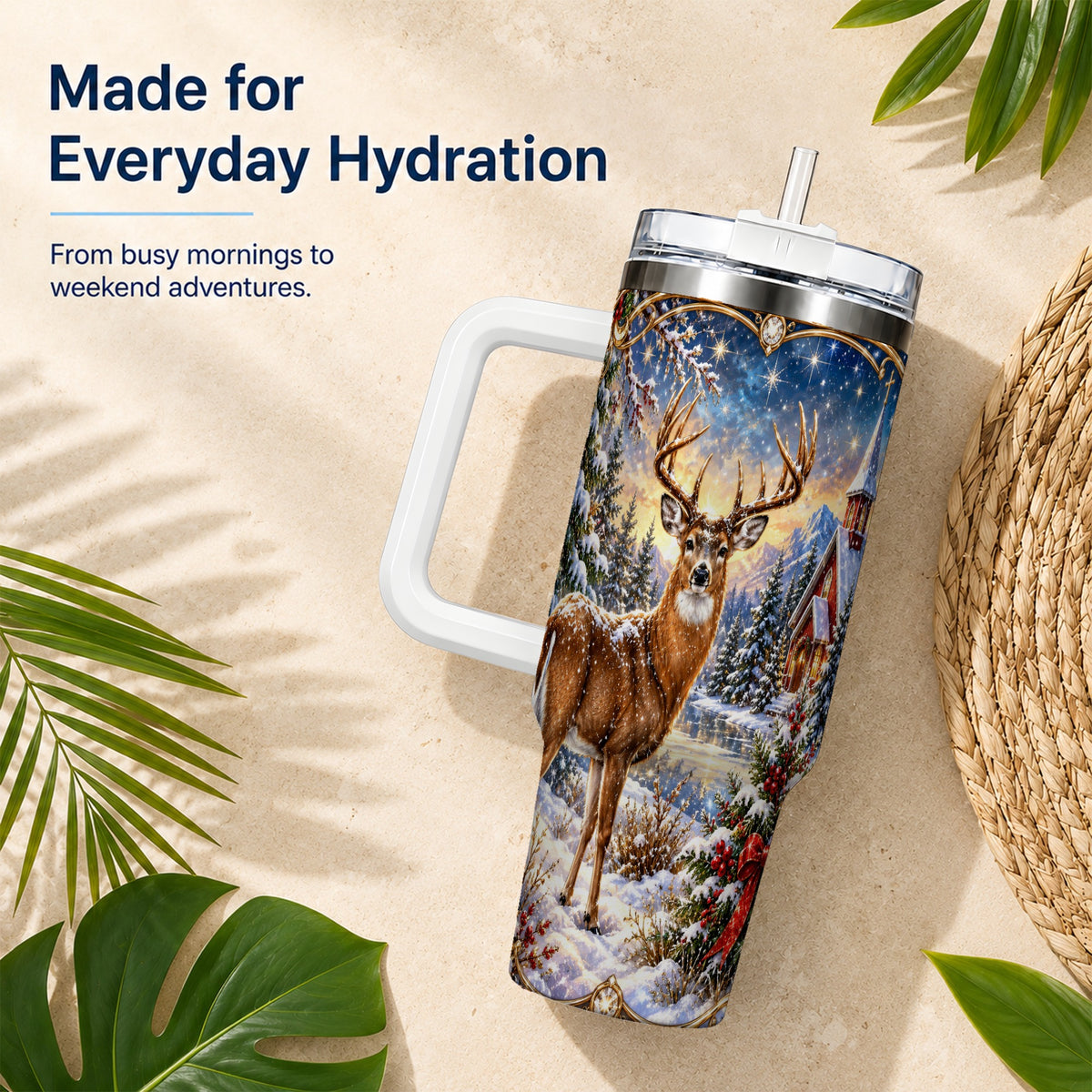 Christmas Deer Church 40oz Tumbler with Handle, Winter Travel Cup