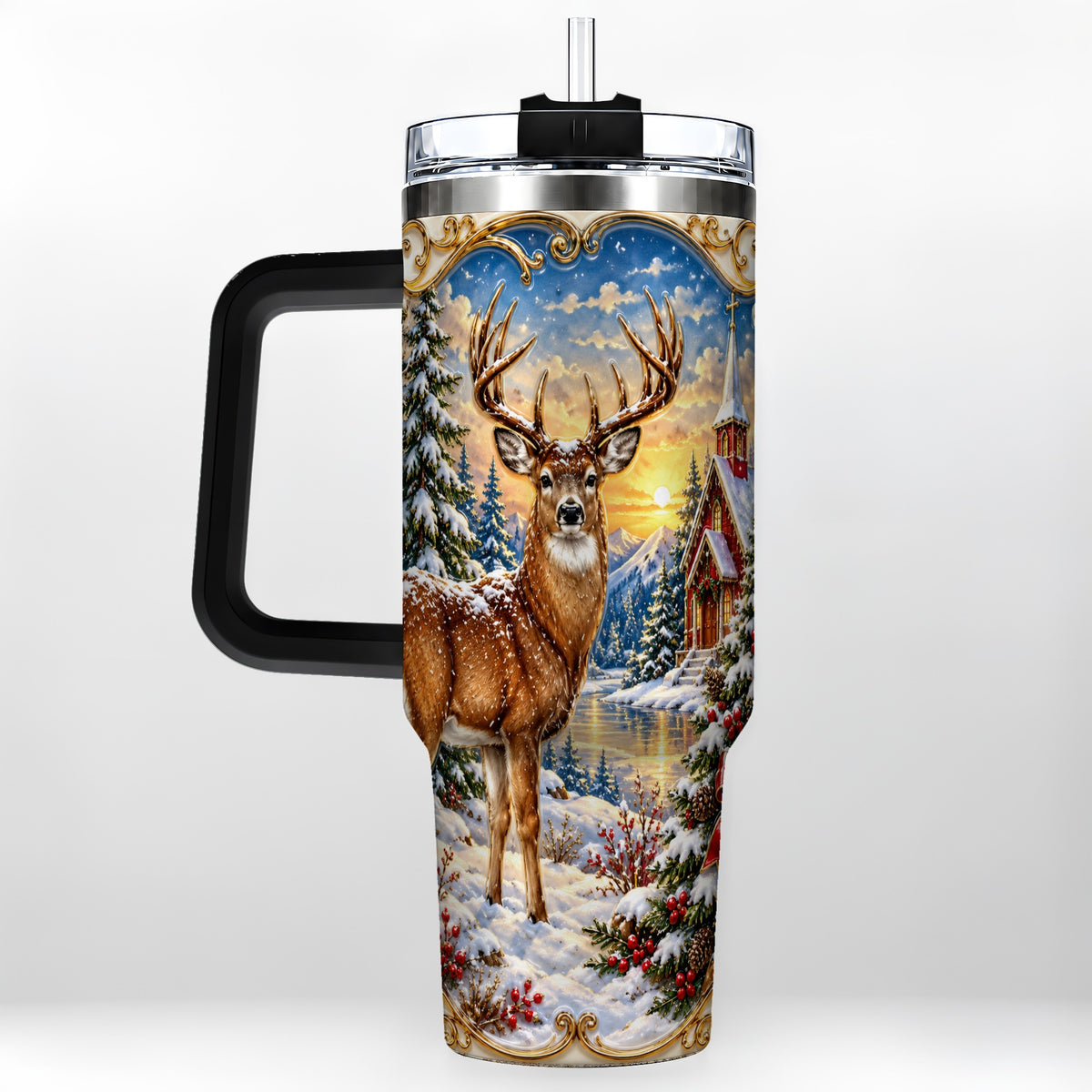 #pl[40oz|Black] Winter Deer Tumbler 40oz, Christmas Tumbler, Stainless Steel Travel Cup
