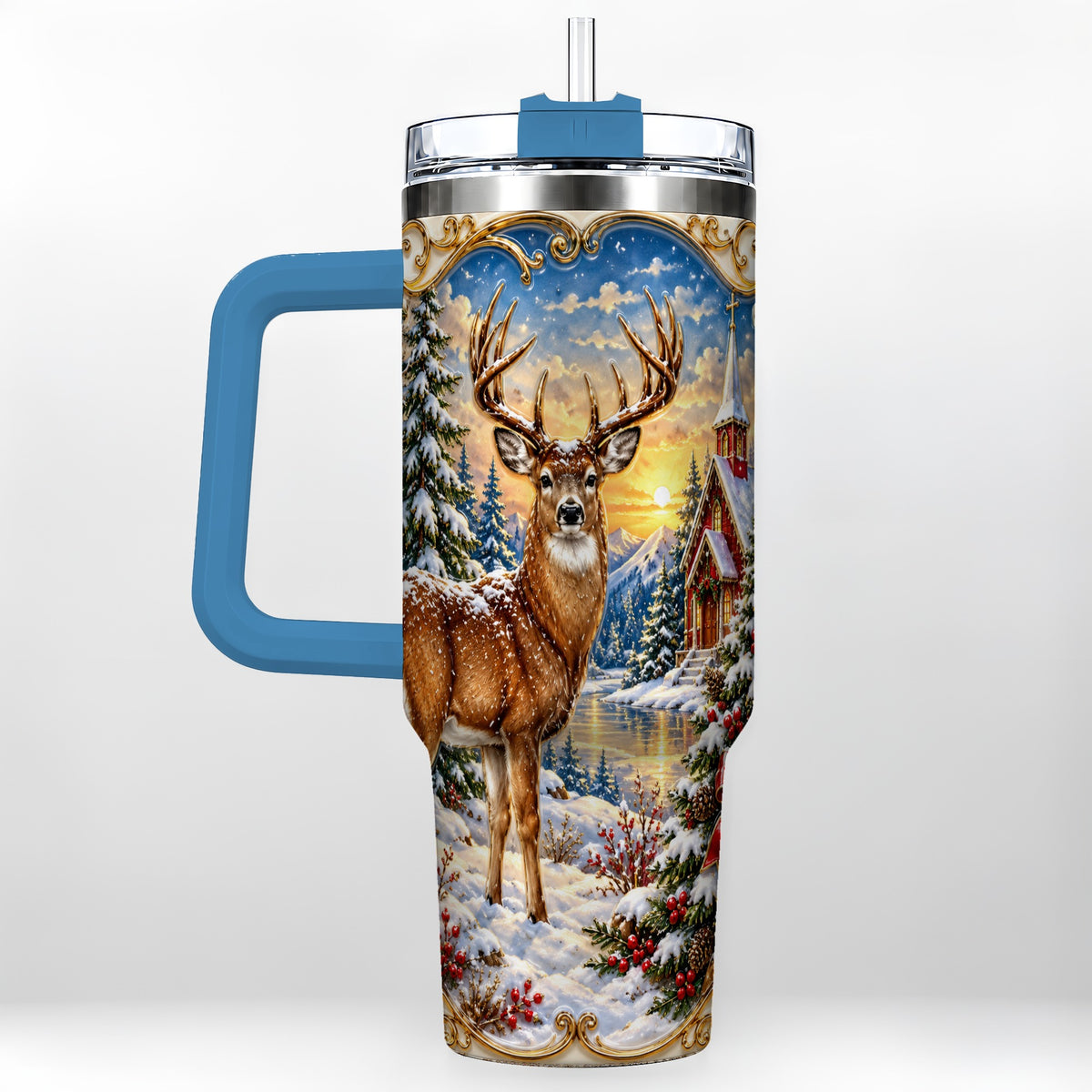 #pl[40oz|Blue] Winter Deer Tumbler 40oz, Christmas Tumbler, Stainless Steel Travel Cup