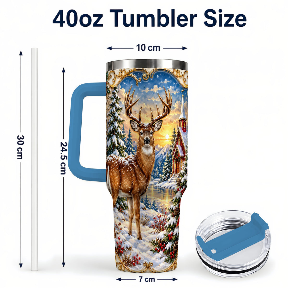 #pl[40oz|Blue] Winter Deer Tumbler 40oz, Christmas Tumbler, Stainless Steel Travel Cup