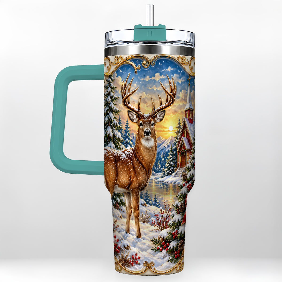 #pl[40oz|Green] Winter Deer Tumbler 40oz, Christmas Tumbler, Stainless Steel Travel Cup