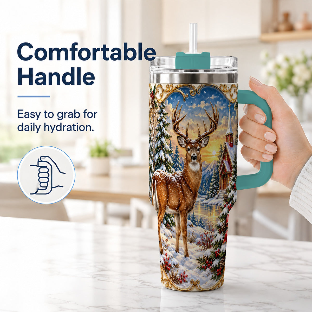 #pl[40oz|Green] Winter Deer Tumbler 40oz, Christmas Tumbler, Stainless Steel Travel Cup