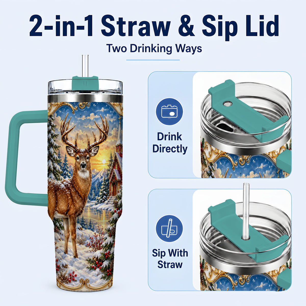 #pl[40oz|Green] Winter Deer Tumbler 40oz, Christmas Tumbler, Stainless Steel Travel Cup