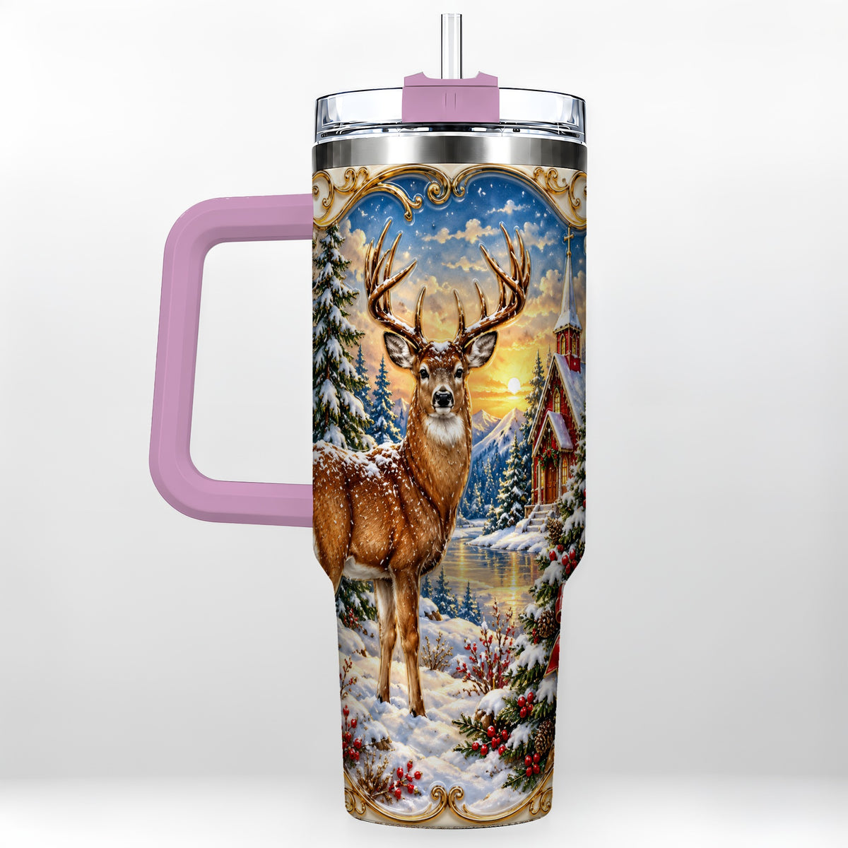 #pl[40oz|Pink] Winter Deer Tumbler 40oz, Christmas Tumbler, Stainless Steel Travel Cup