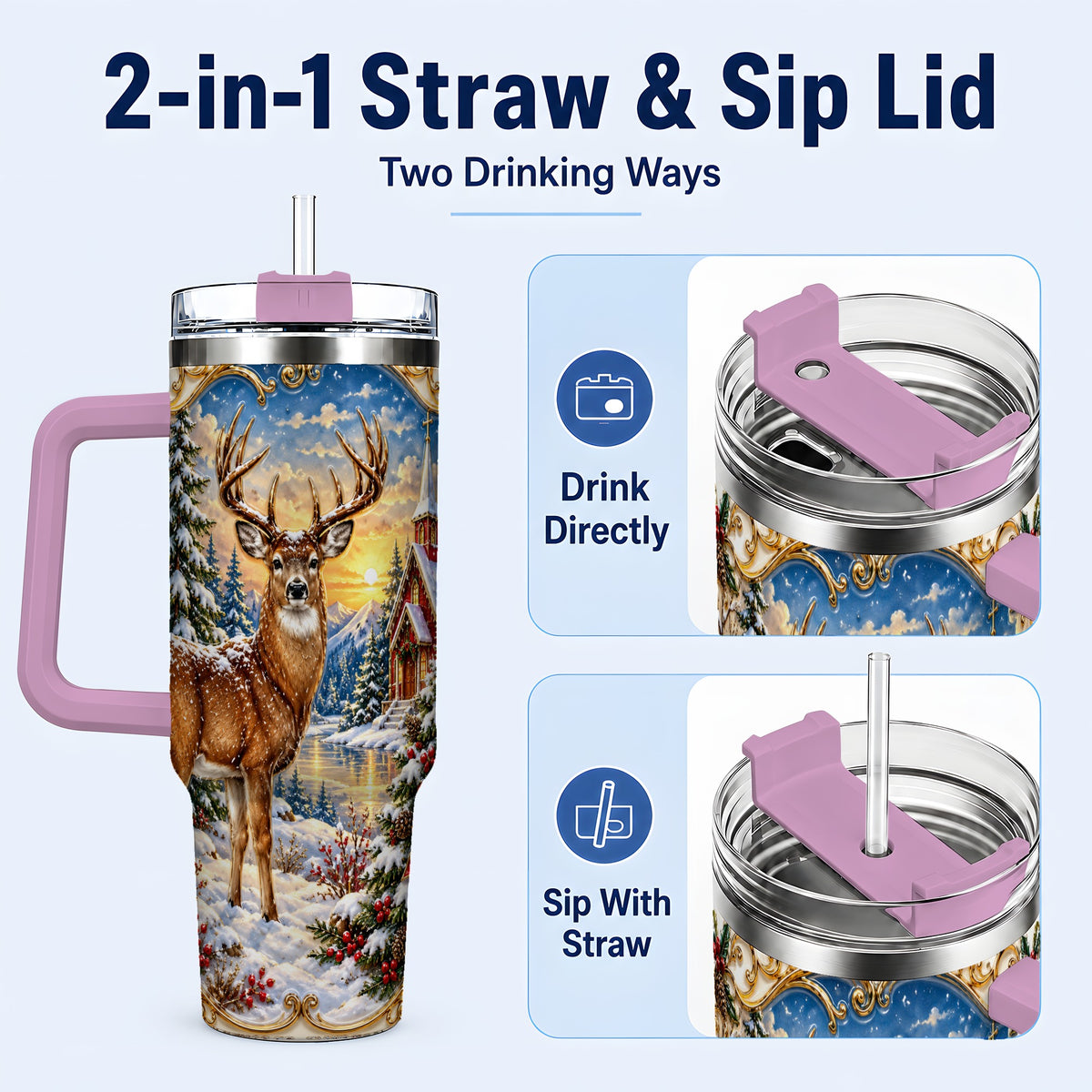 #pl[40oz|Pink] Winter Deer Tumbler 40oz, Christmas Tumbler, Stainless Steel Travel Cup