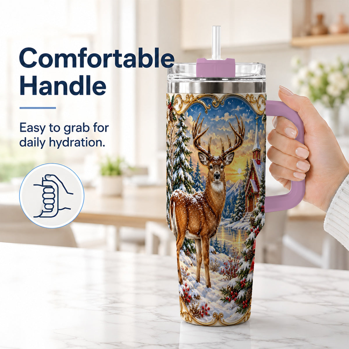 #pl[40oz|Pink] Winter Deer Tumbler 40oz, Christmas Tumbler, Stainless Steel Travel Cup