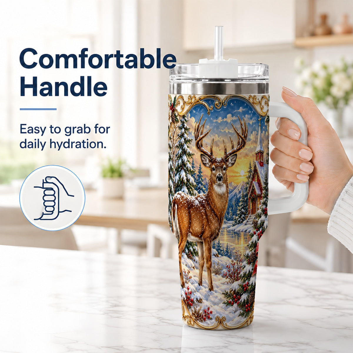 #pl[40oz|White] Winter Deer Tumbler 40oz, Christmas Tumbler, Stainless Steel Travel Cup