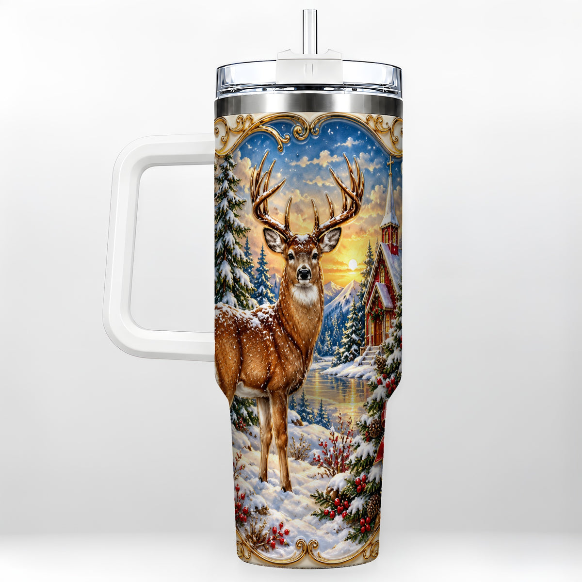Winter Deer Tumbler 40oz, Christmas Tumbler, Stainless Steel Travel Cup