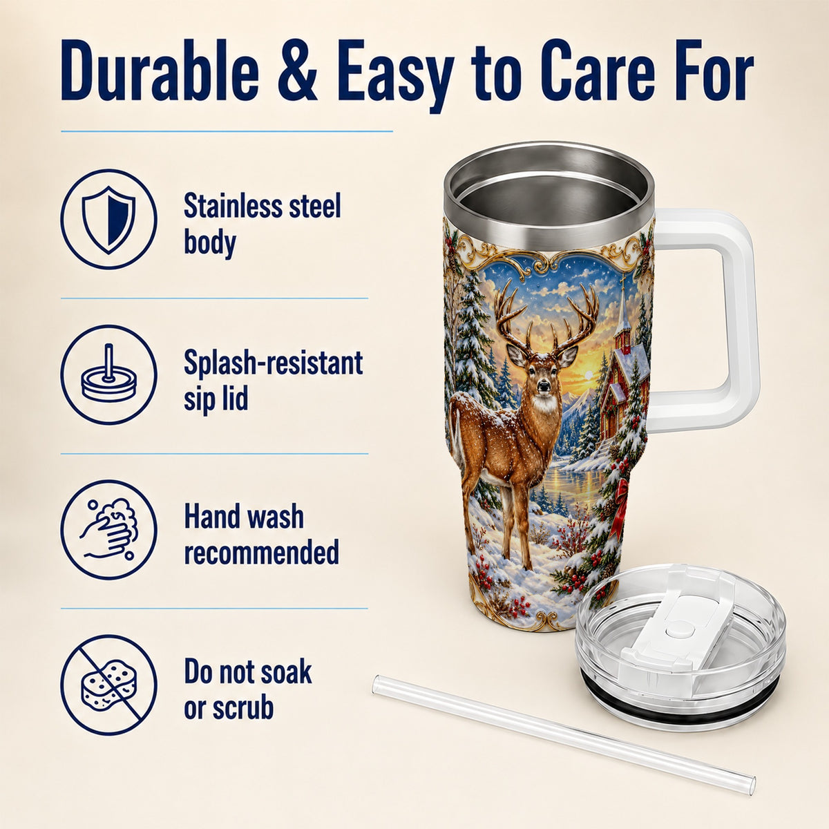 Winter Deer Tumbler 40oz, Christmas Tumbler, Stainless Steel Travel Cup