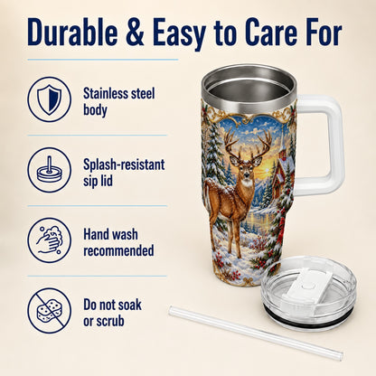 Winter Deer Tumbler 40oz, Christmas Tumbler, Stainless Steel Travel Cup