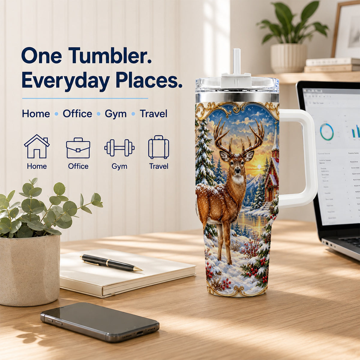 Winter Deer Tumbler 40oz, Christmas Tumbler, Stainless Steel Travel Cup