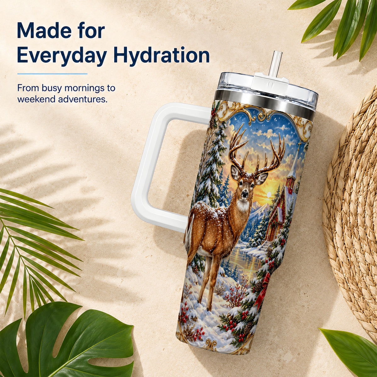 Winter Deer Tumbler 40oz, Christmas Tumbler, Stainless Steel Travel Cup