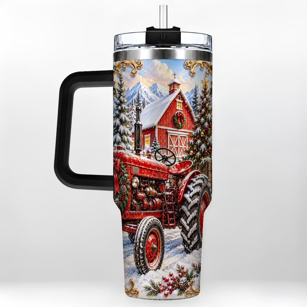 #pl[40oz|Black] Ornate Tractor 40oz Tumbler with Handle, Christmas Farm Travel Cup