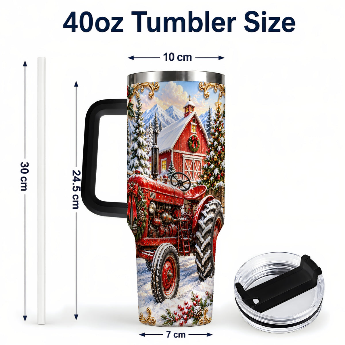#pl[40oz|Black] Ornate Tractor 40oz Tumbler with Handle, Christmas Farm Travel Cup
