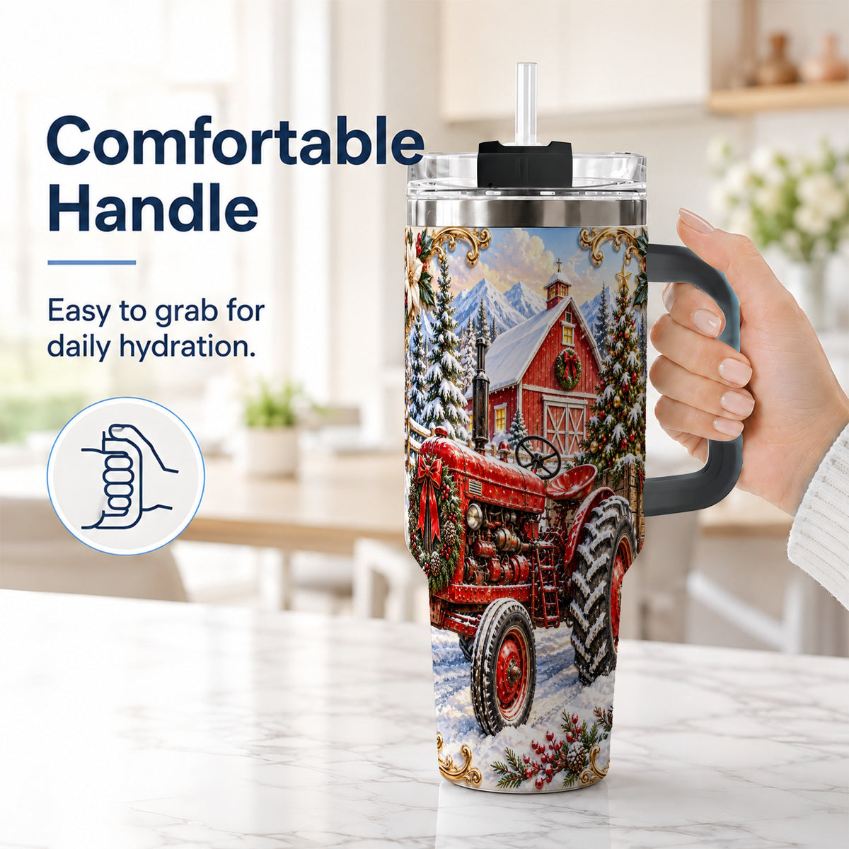 #pl[40oz|Black] Ornate Tractor 40oz Tumbler with Handle, Christmas Farm Travel Cup