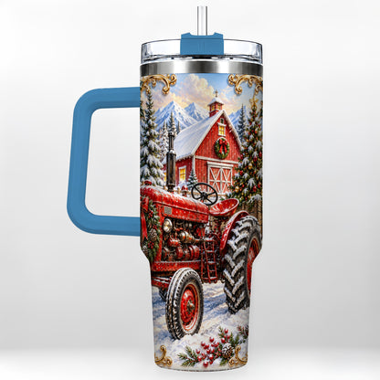 #pl[40oz|Blue] Ornate Tractor 40oz Tumbler with Handle, Christmas Farm Travel Cup
