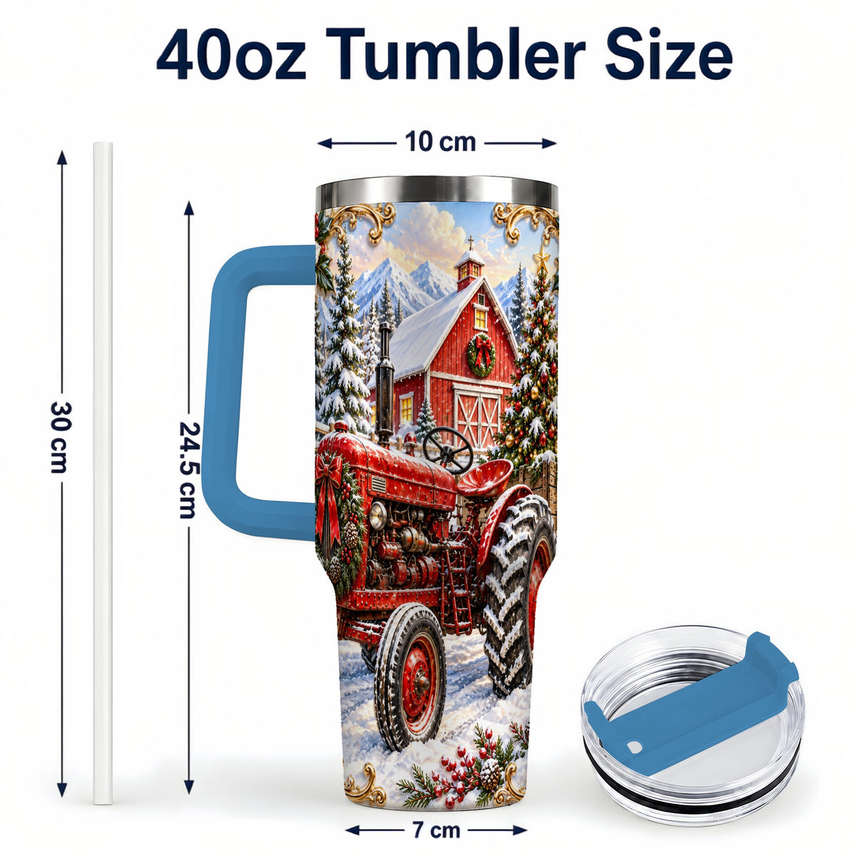 #pl[40oz|Blue] Ornate Tractor 40oz Tumbler with Handle, Christmas Farm Travel Cup