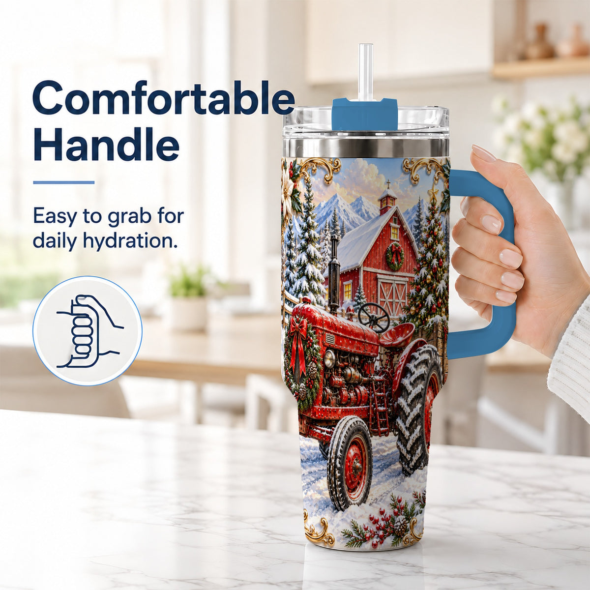 #pl[40oz|Blue] Ornate Tractor 40oz Tumbler with Handle, Christmas Farm Travel Cup