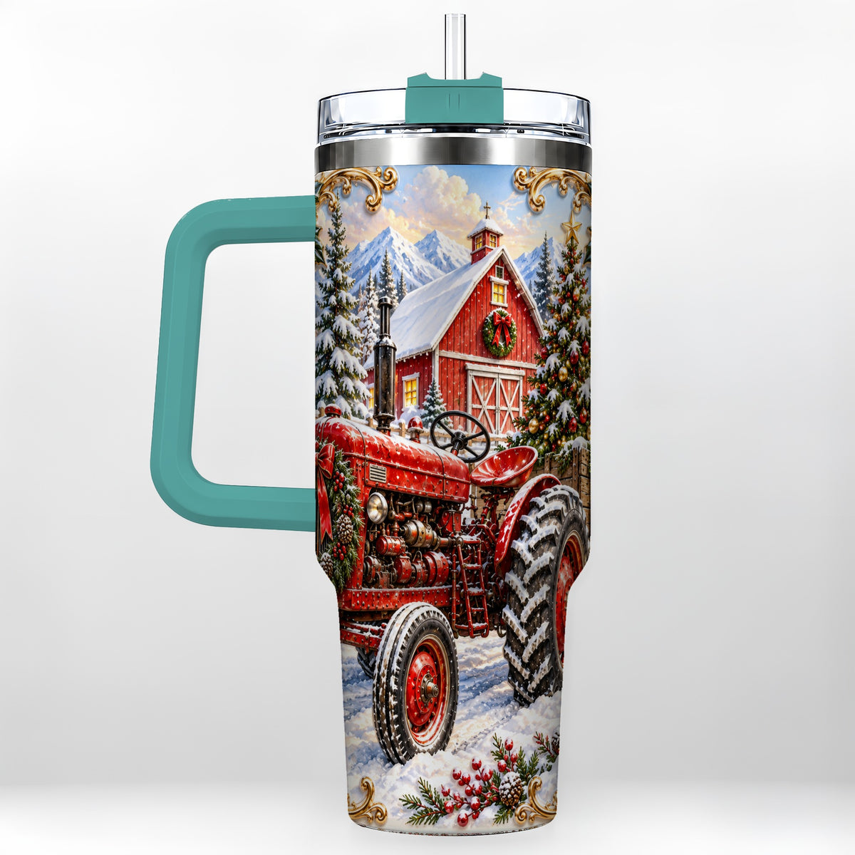 #pl[40oz|Green] Ornate Tractor 40oz Tumbler with Handle, Christmas Farm Travel Cup