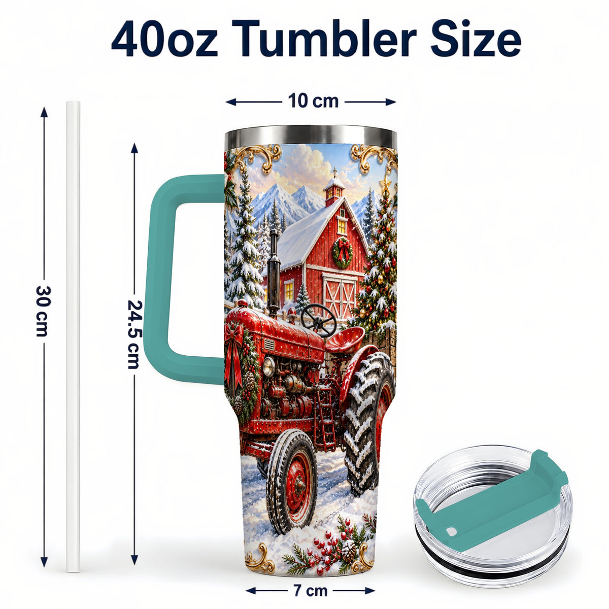 #pl[40oz|Green] Ornate Tractor 40oz Tumbler with Handle, Christmas Farm Travel Cup