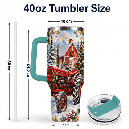 #pl[40oz|Green] Ornate Tractor 40oz Tumbler with Handle, Christmas Farm Travel Cup