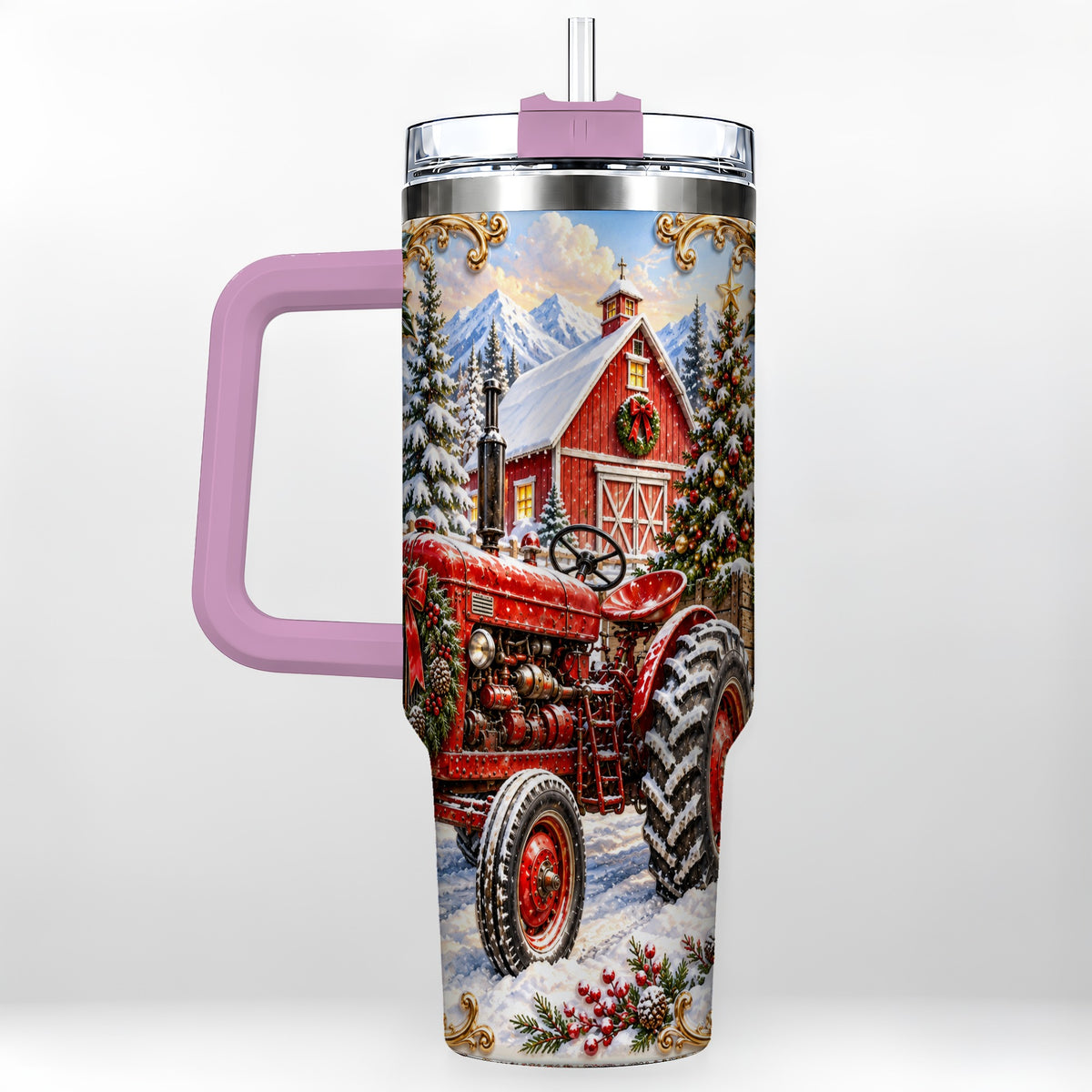 #pl[40oz|Pink] Ornate Tractor 40oz Tumbler with Handle, Christmas Farm Travel Cup