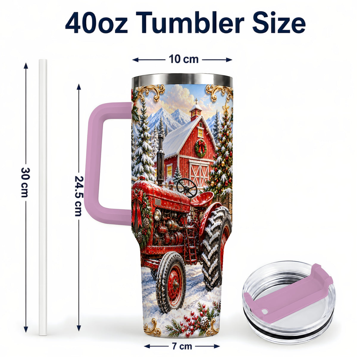#pl[40oz|Pink] Ornate Tractor 40oz Tumbler with Handle, Christmas Farm Travel Cup