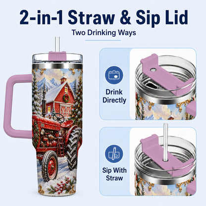 #pl[40oz|Pink] Ornate Tractor 40oz Tumbler with Handle, Christmas Farm Travel Cup
