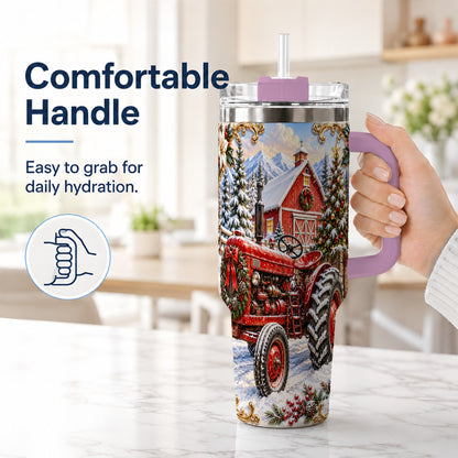 #pl[40oz|Pink] Ornate Tractor 40oz Tumbler with Handle, Christmas Farm Travel Cup