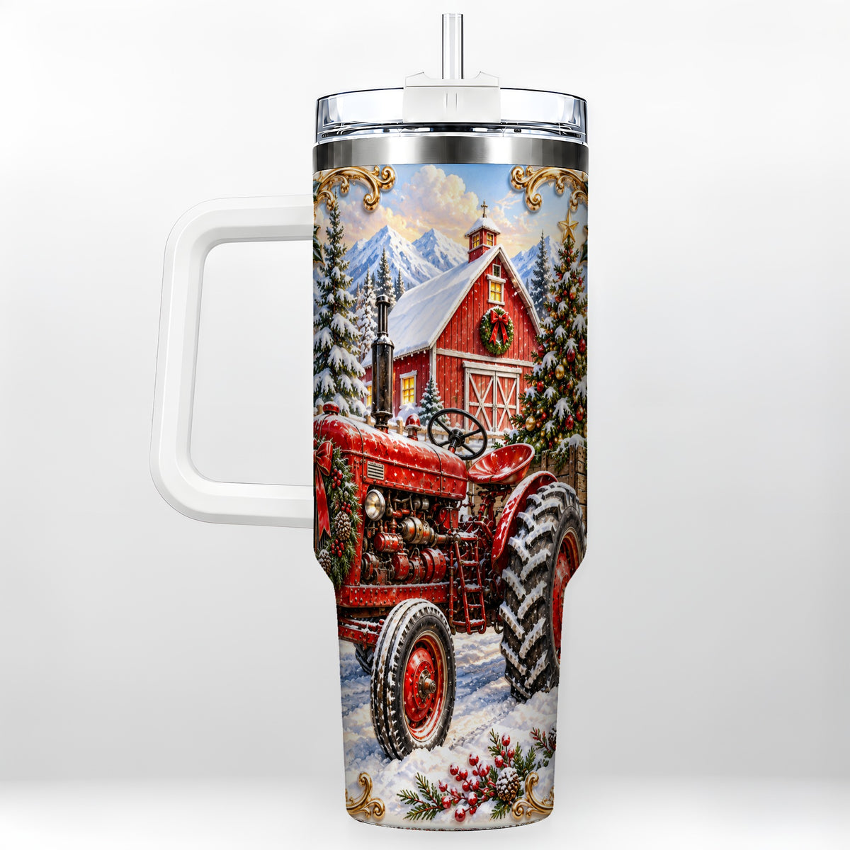 Ornate Tractor 40oz Tumbler with Handle, Christmas Farm Travel Cup