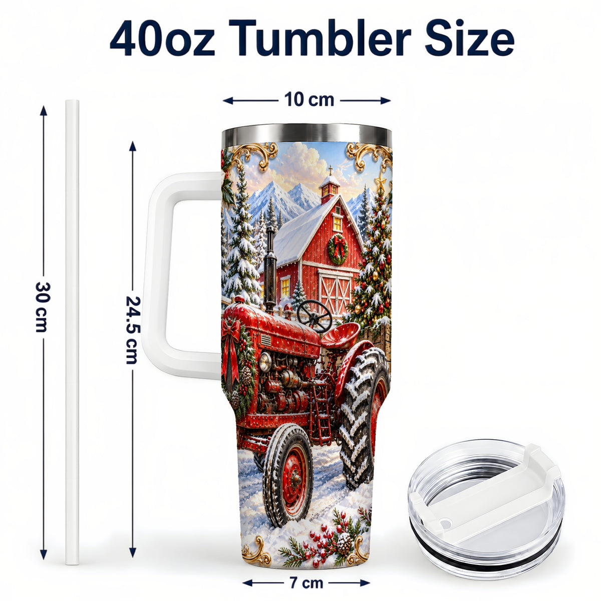 #pl[40oz|White] Ornate Tractor 40oz Tumbler with Handle, Christmas Farm Travel Cup