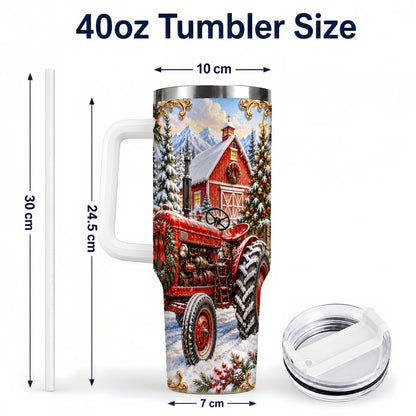 #pl[40oz|White] Ornate Tractor 40oz Tumbler with Handle, Christmas Farm Travel Cup