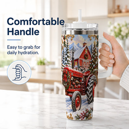 #pl[40oz|White] Ornate Tractor 40oz Tumbler with Handle, Christmas Farm Travel Cup