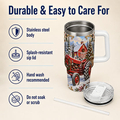 Ornate Tractor 40oz Tumbler with Handle, Christmas Farm Travel Cup