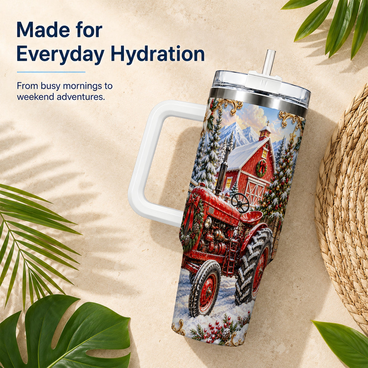 Ornate Tractor 40oz Tumbler with Handle, Christmas Farm Travel Cup