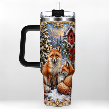 #pl[40oz|Black] Christmas Fox 40oz Tumbler with Handle, Woodland Holiday Travel Cup
