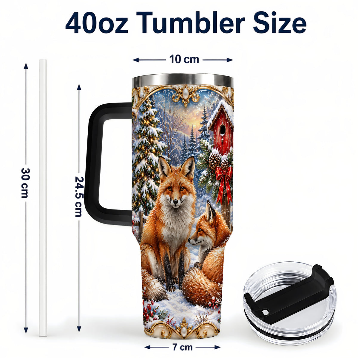 #pl[40oz|Black] Christmas Fox 40oz Tumbler with Handle, Woodland Holiday Travel Cup