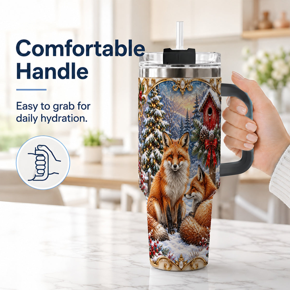 #pl[40oz|Black] Christmas Fox 40oz Tumbler with Handle, Woodland Holiday Travel Cup