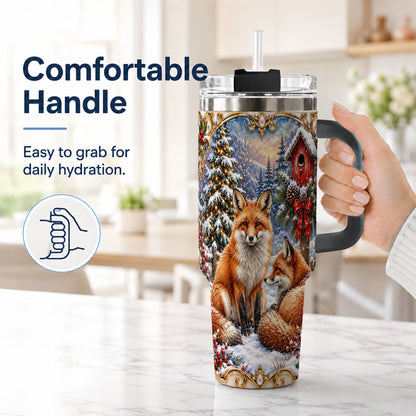 #pl[40oz|Black] Christmas Fox 40oz Tumbler with Handle, Woodland Holiday Travel Cup