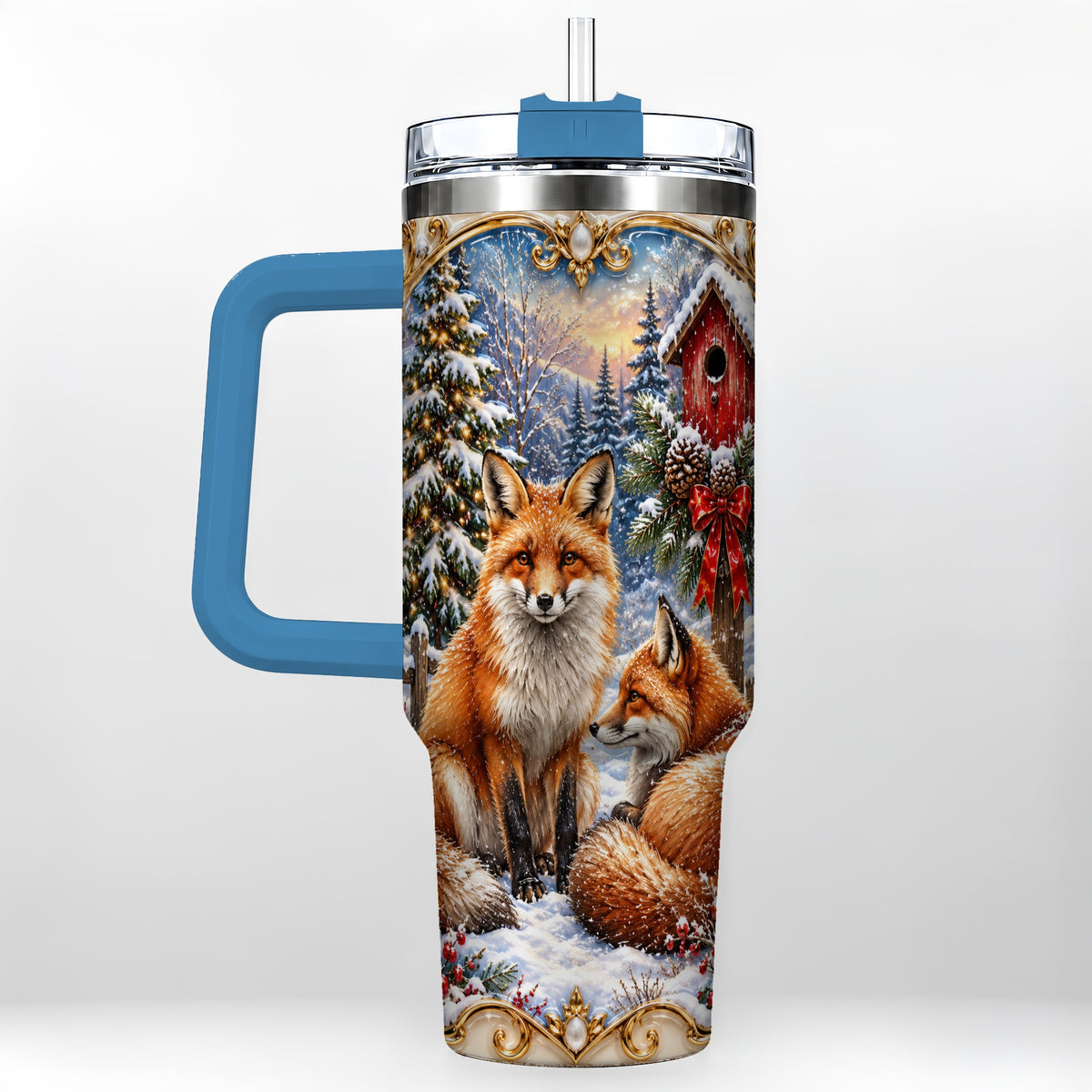 #pl[40oz|Blue] Christmas Fox 40oz Tumbler with Handle, Woodland Holiday Travel Cup