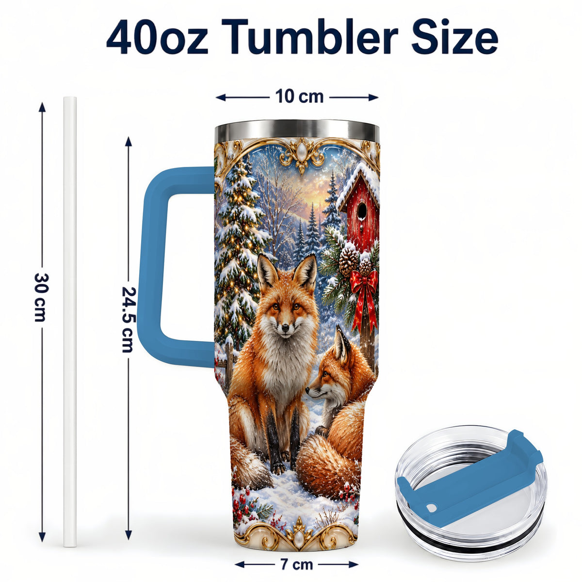 #pl[40oz|Blue] Christmas Fox 40oz Tumbler with Handle, Woodland Holiday Travel Cup