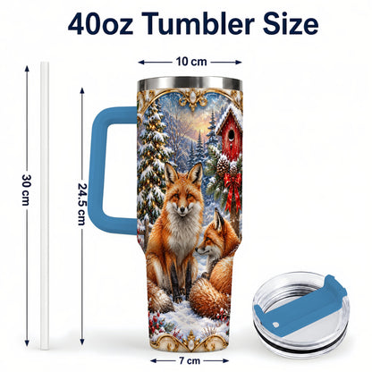 #pl[40oz|Blue] Christmas Fox 40oz Tumbler with Handle, Woodland Holiday Travel Cup