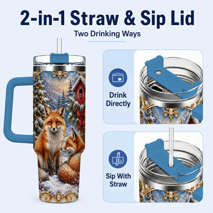 #pl[40oz|Blue] Christmas Fox 40oz Tumbler with Handle, Woodland Holiday Travel Cup