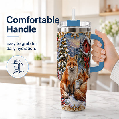#pl[40oz|Blue] Christmas Fox 40oz Tumbler with Handle, Woodland Holiday Travel Cup